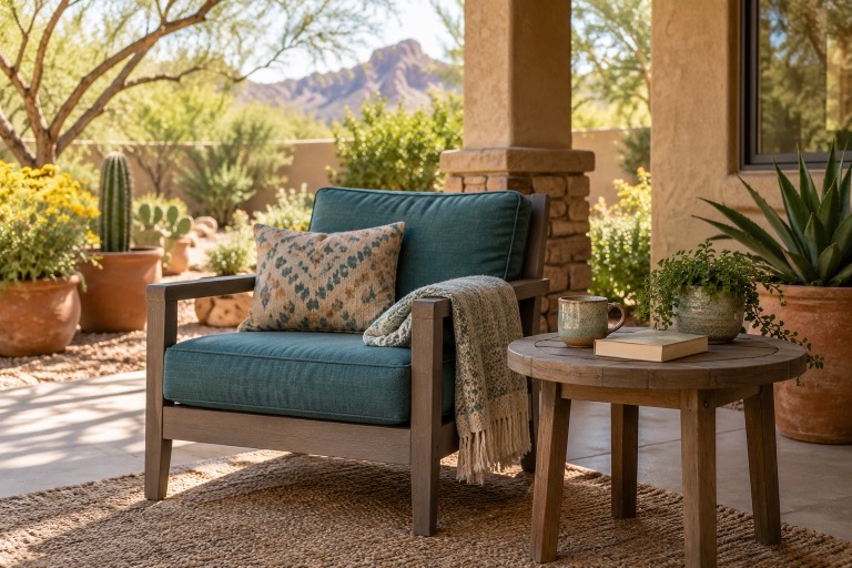 An outdoor chair, mug and closed book on a shaded patio