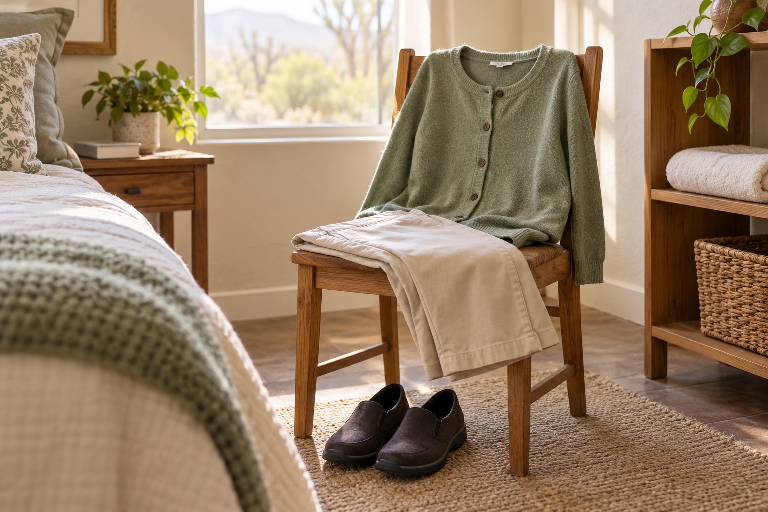 A green cardigan, beige trousers and dark shoes arranged beside a bed