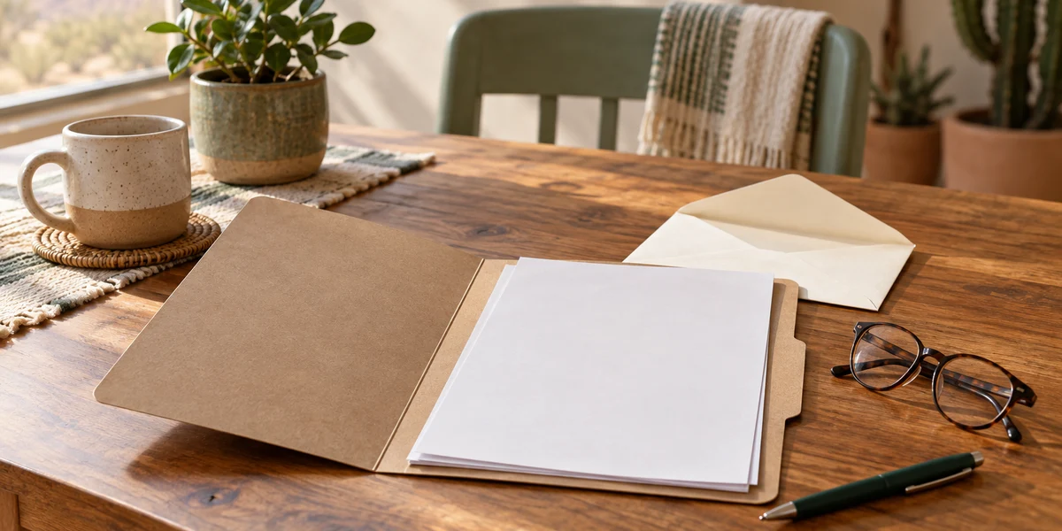 An organized folder, envelope, and reading glasses