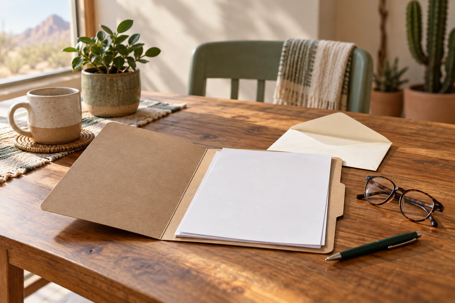 An organized folder, envelope, and reading glasses