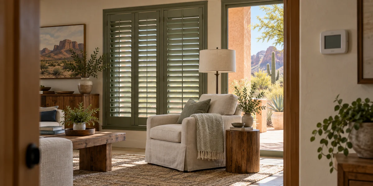 A shaded living room with a wall thermostat