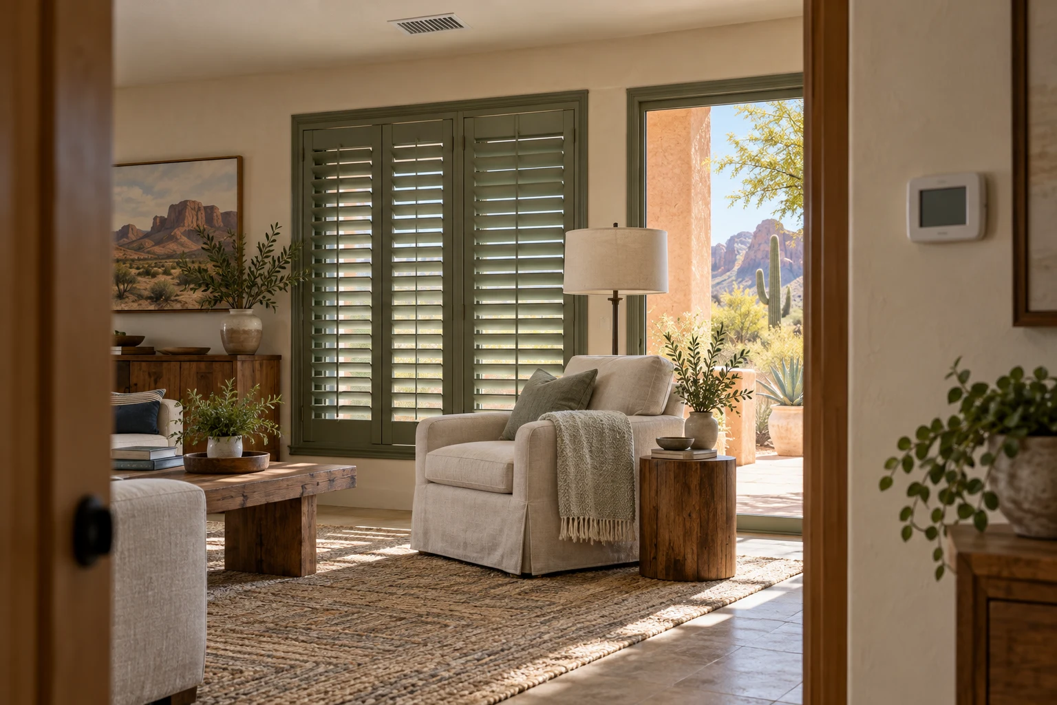 A shaded living room with a wall thermostat