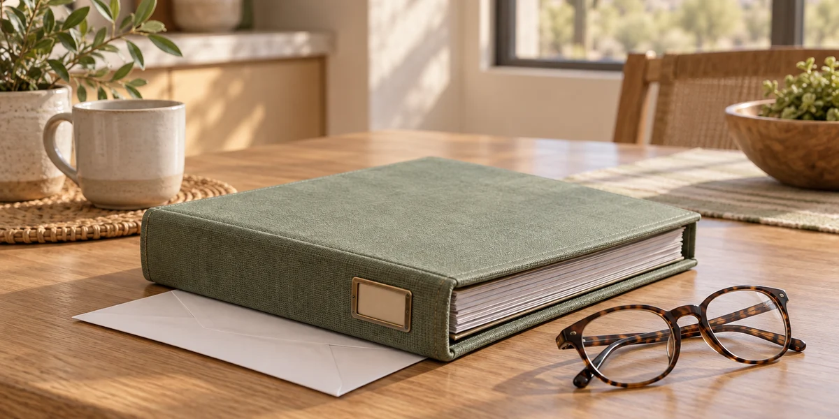 A household planning binder, envelope, and reading glasses