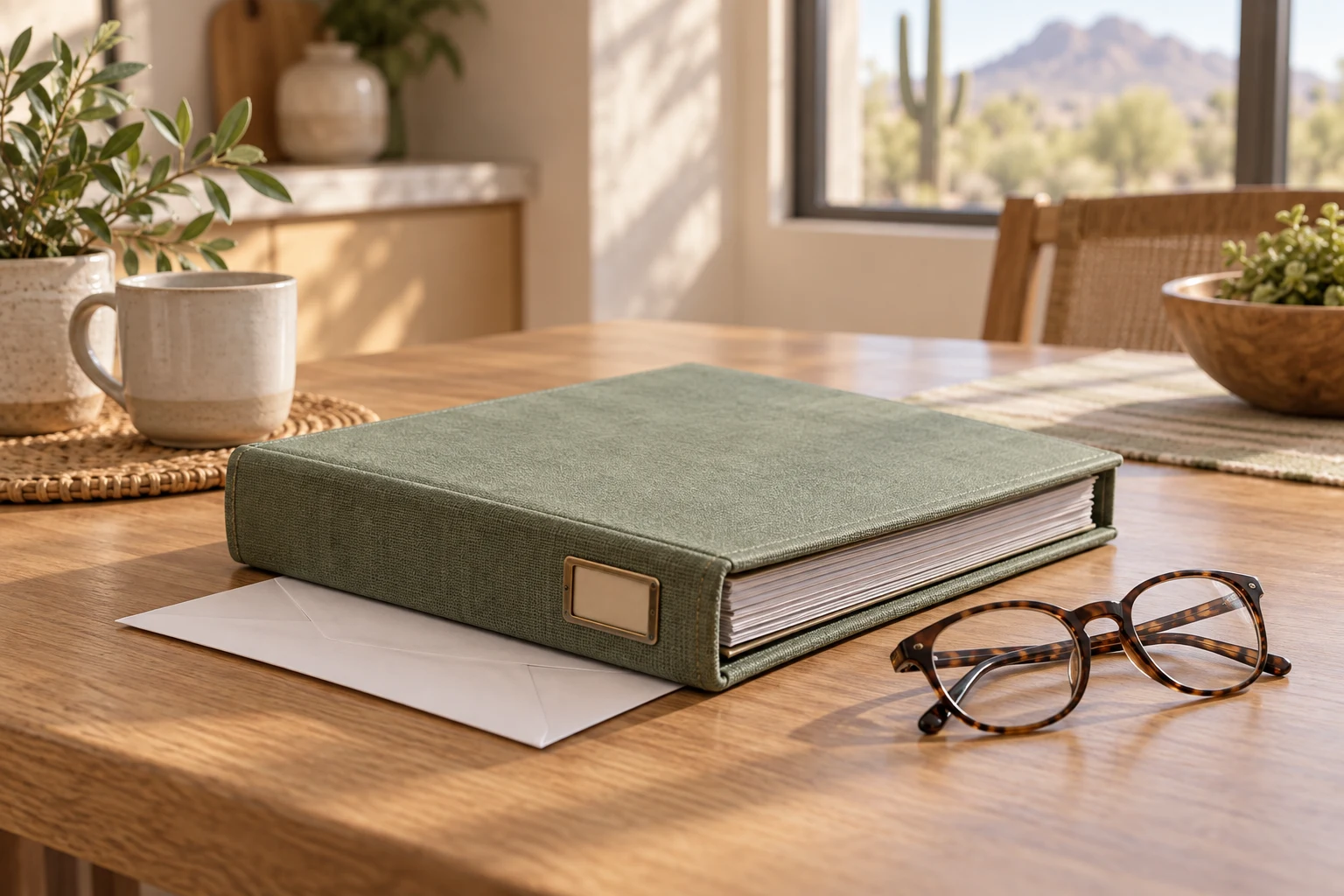 A household planning binder, envelope, and reading glasses