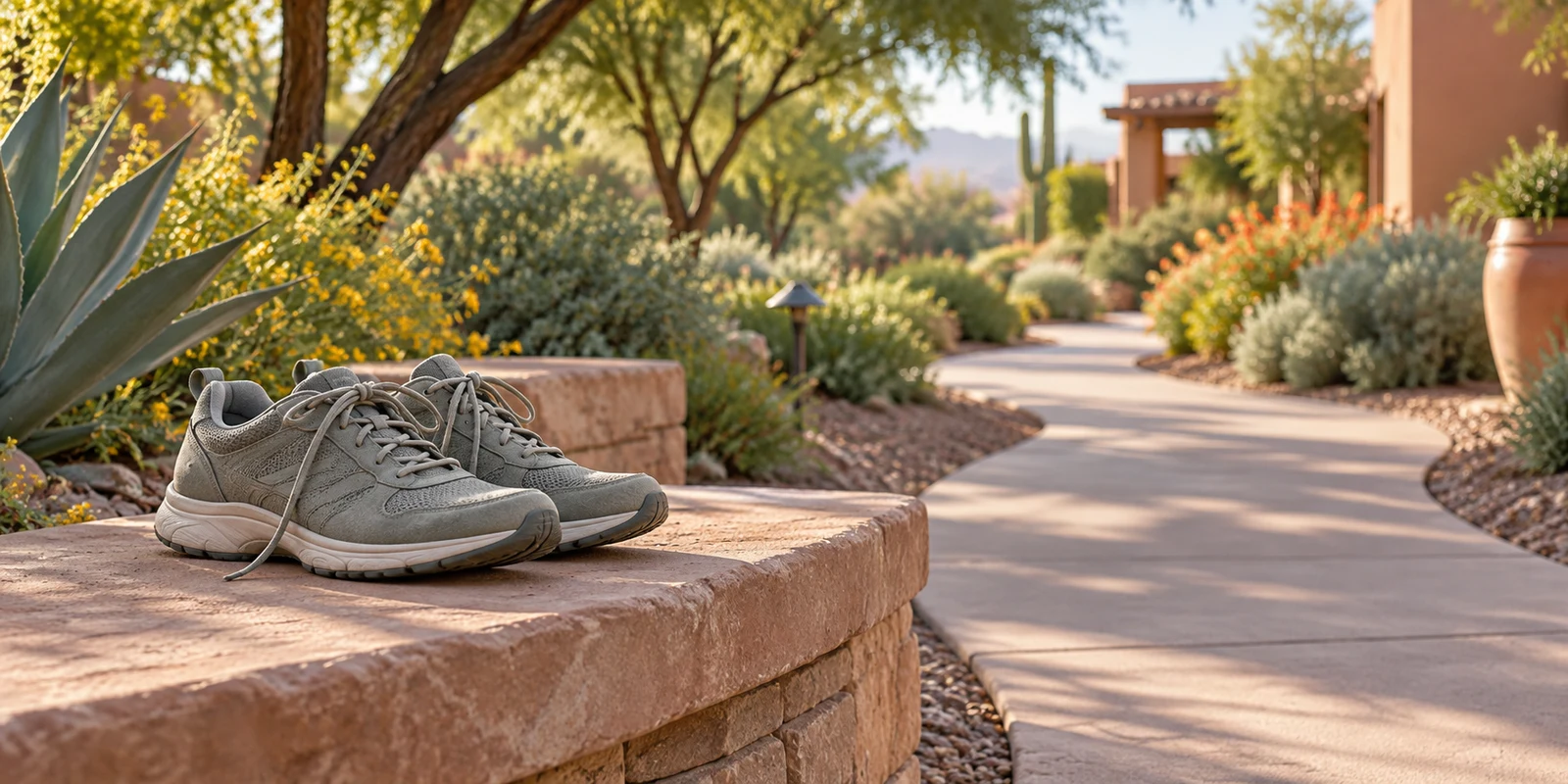 Walking shoes beside a shaded garden path