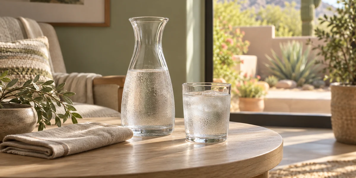 A water carafe and drinking glass on a shaded table