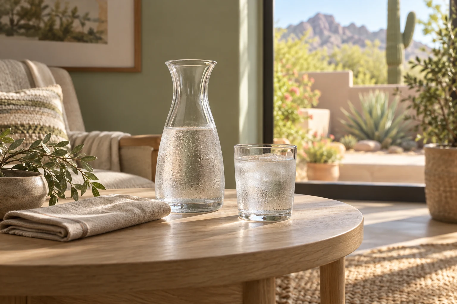 A water carafe and drinking glass on a shaded table
