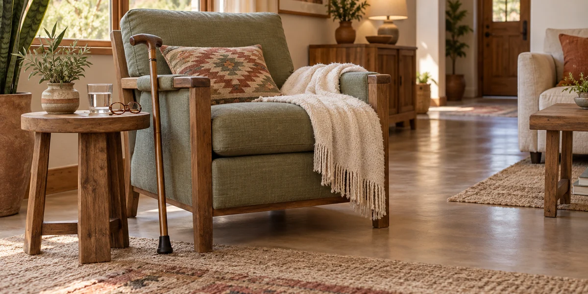 A supportive chair and cane beside a table with water