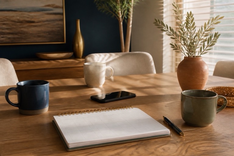 A blank weekly planner, three coffee mugs, and a phone arranged for a family home care planning conversation