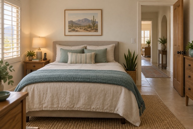 A neatly made bed with a draped teal blanket and a bedside telephone in a sunlit home