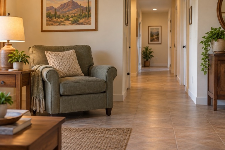 An armchair and lamp beside a tiled walkway into a hallway