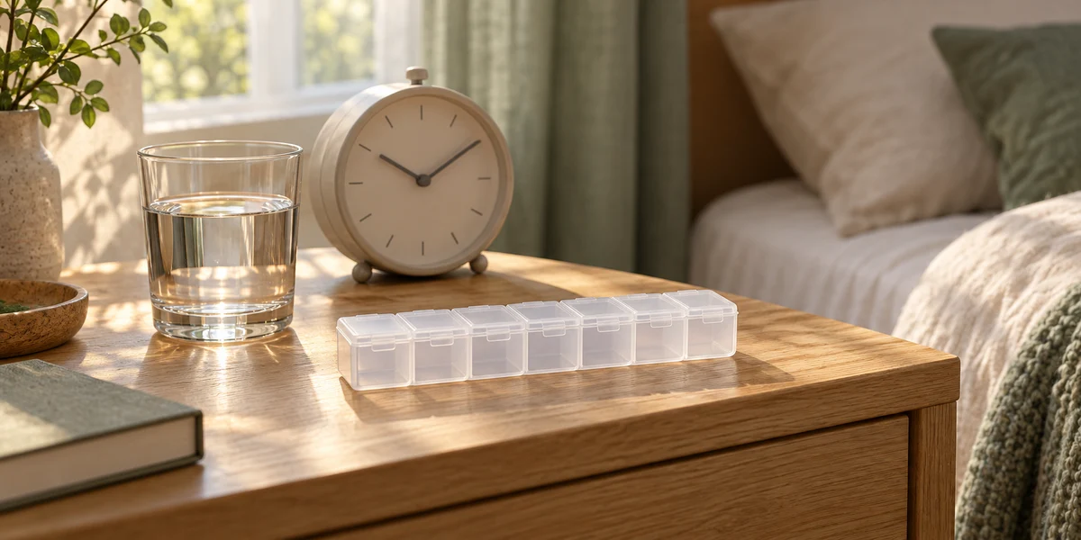 An empty weekly pill organizer beside a clock and drinking glass