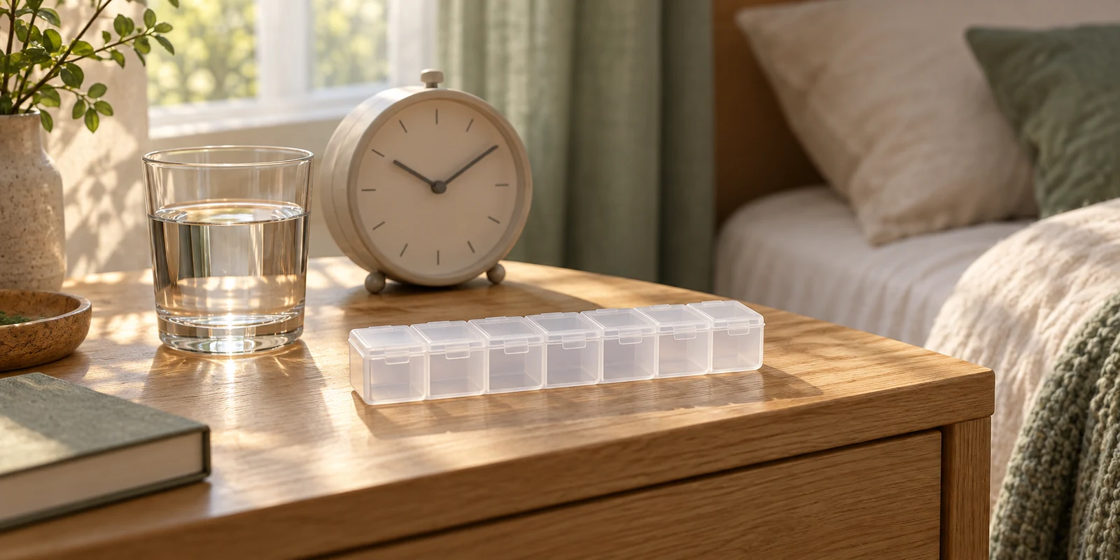 An empty weekly pill organizer beside a clock and drinking glass