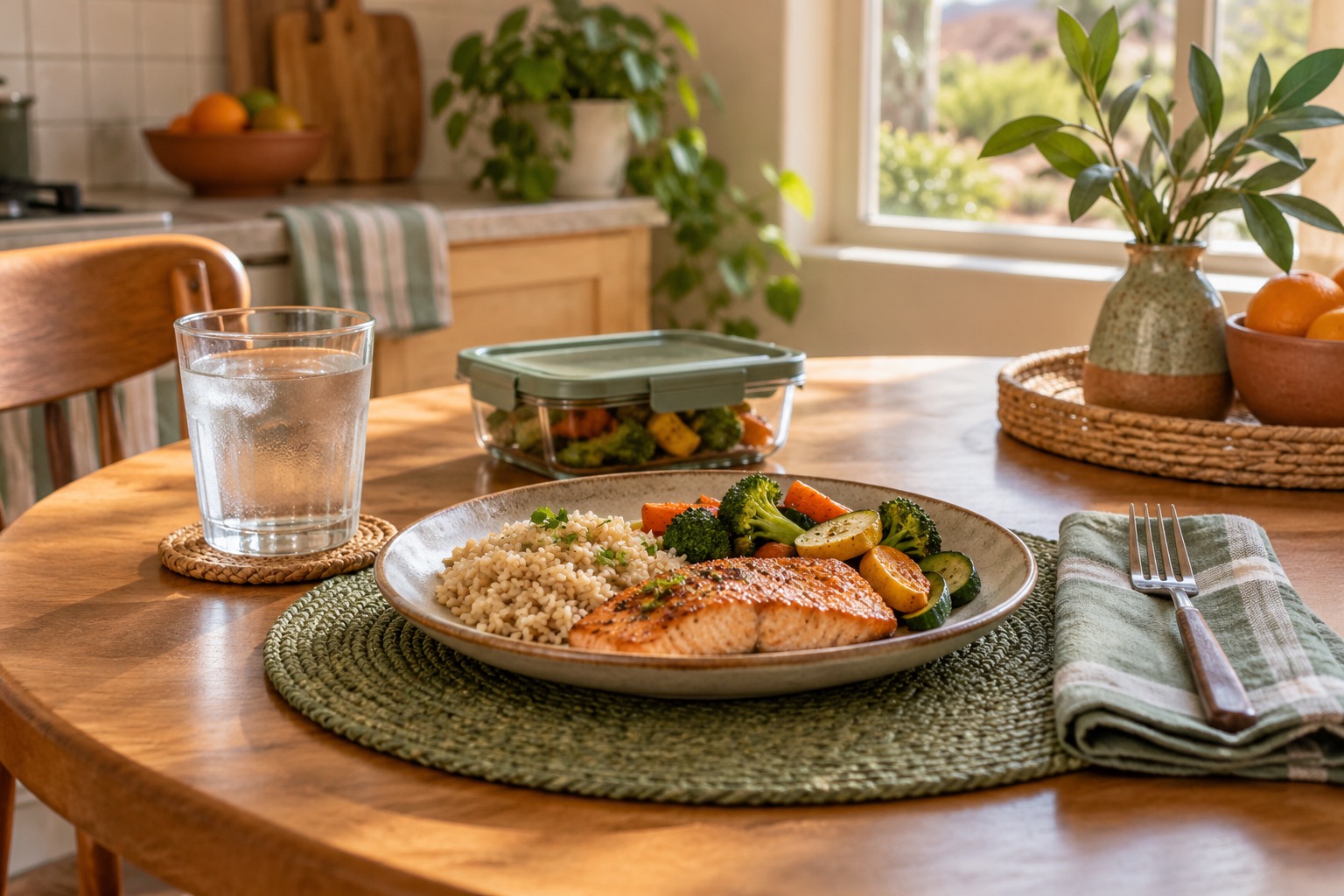 A plate of salmon, a grain and vegetables beside a glass of water and a meal container