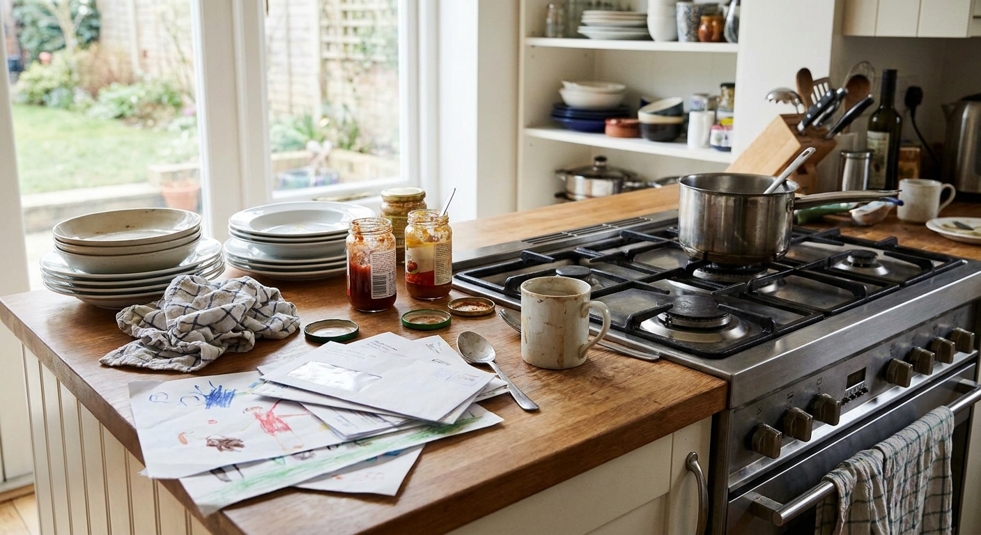A kitchen counter and stovetop with visible household clutter, shown without people.
