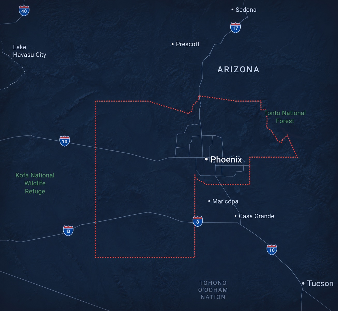 Map outlining Maricopa County, Arizona, with the Phoenix metropolitan area and nearby regional context.